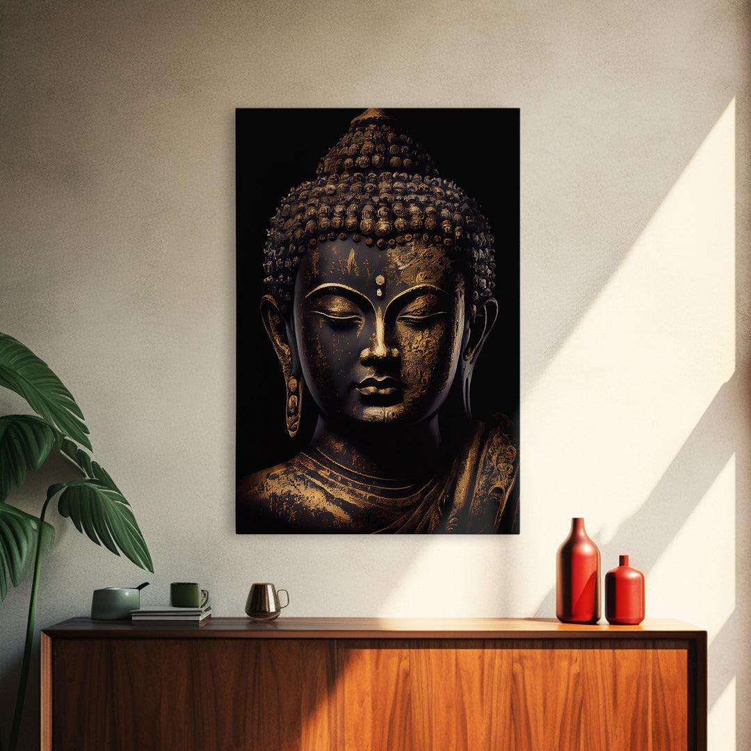 Gold and black Buddha, framed canvas print, zen center yoga art