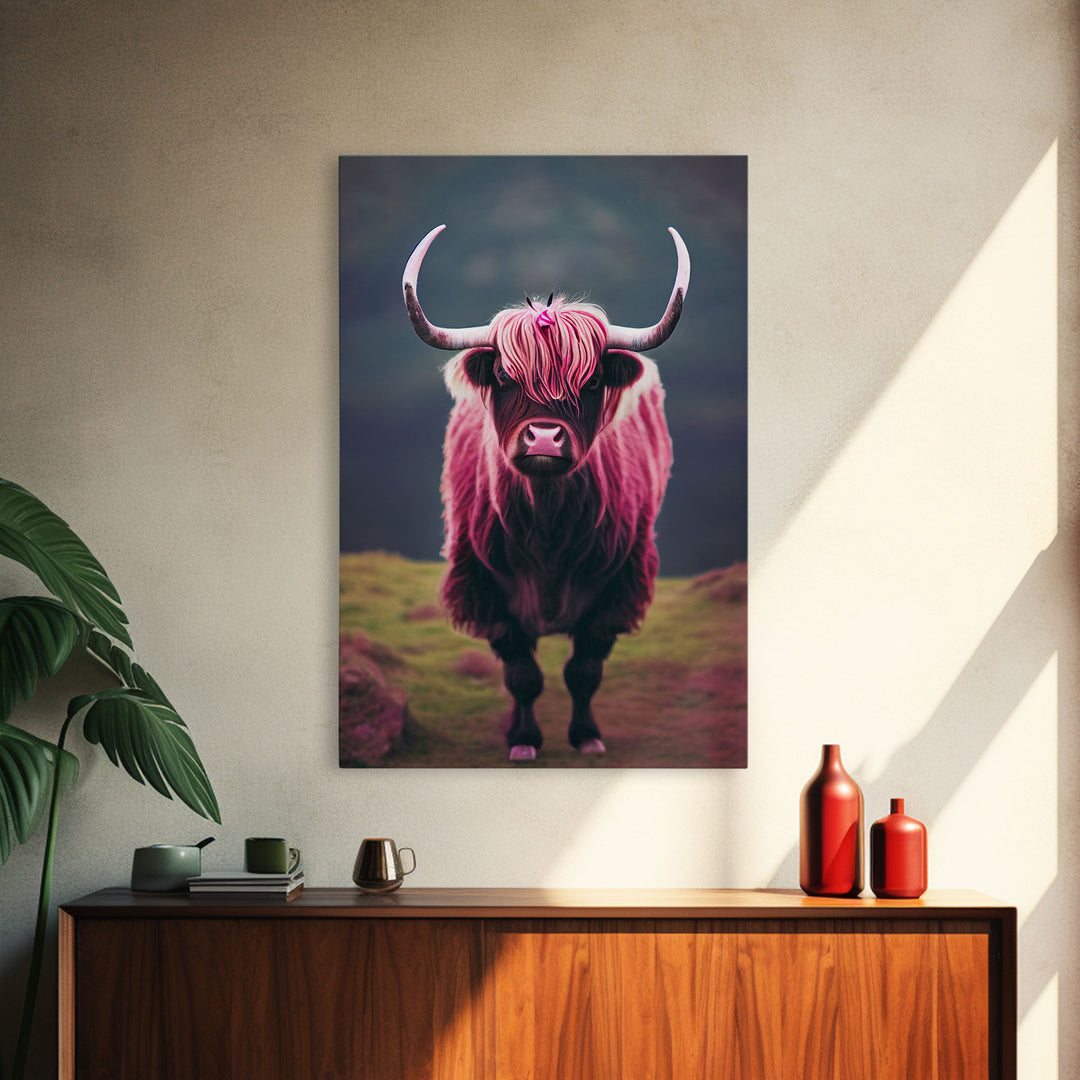 Colorful farmhouse art, Highland cow, Scotland cattle, framed canvas print, pink cow