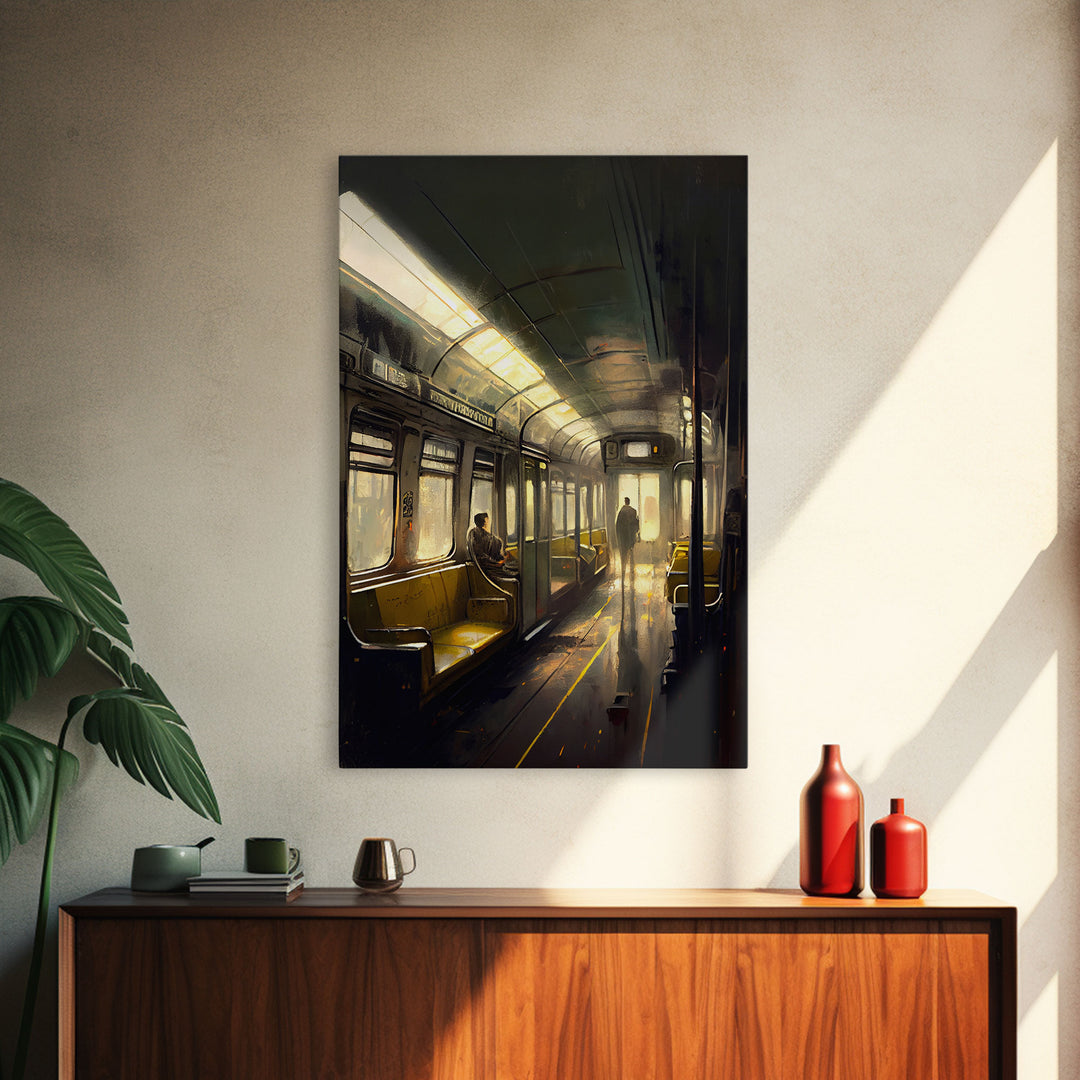 Still life on a subway, train art, framed canvas print