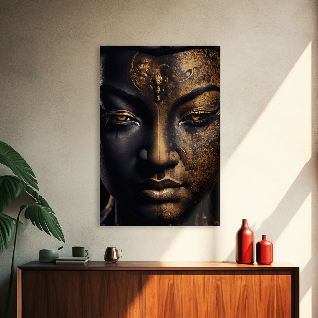 Golden eyed buddha statue framed canvas print, art for yoga studio, zen art