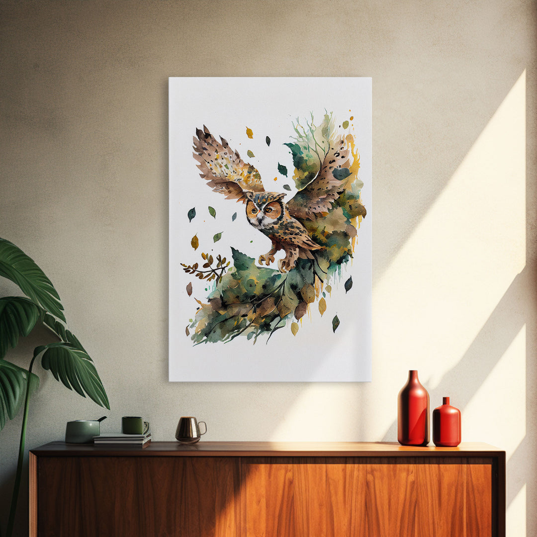 Watercolor of an owl in flight, owl portrait, framed canvas print, cool nature wall art