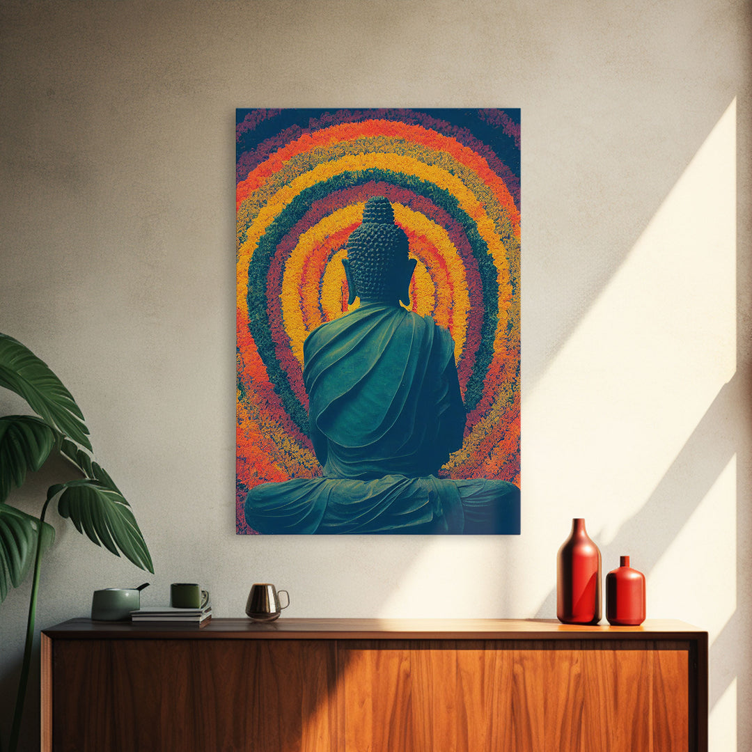 Colorful rainbow Buddha facing a ring of flowers, framed canvas print, yoga studio art