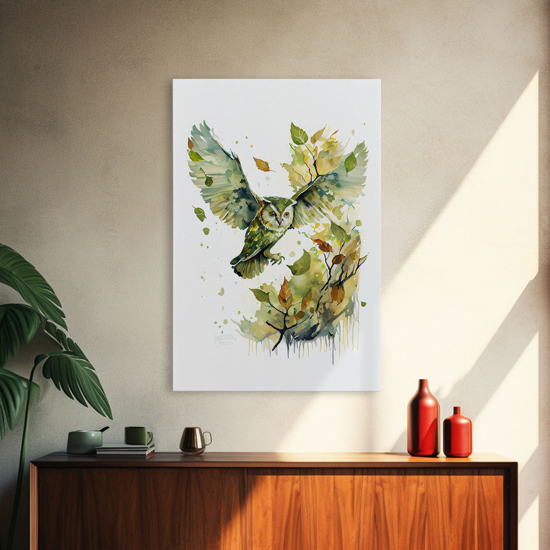 Watercolor of an owl in flight, owl painting print, framed canvas print, cool nature wall art, watercolor