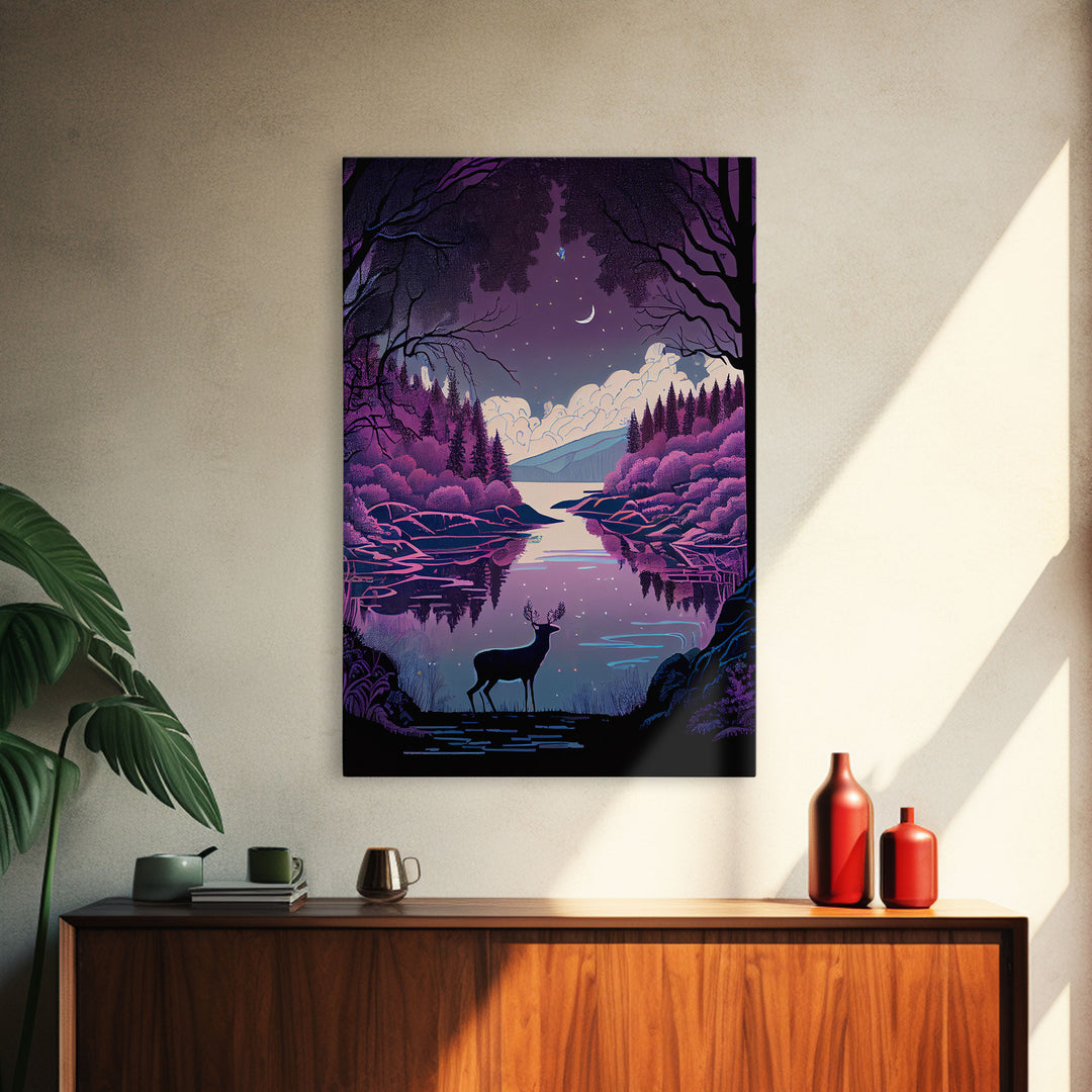 Mystical Deer Purple Forest Lake Wall Art Canvas Print - Serene Nature Scene Vibrant Artwork