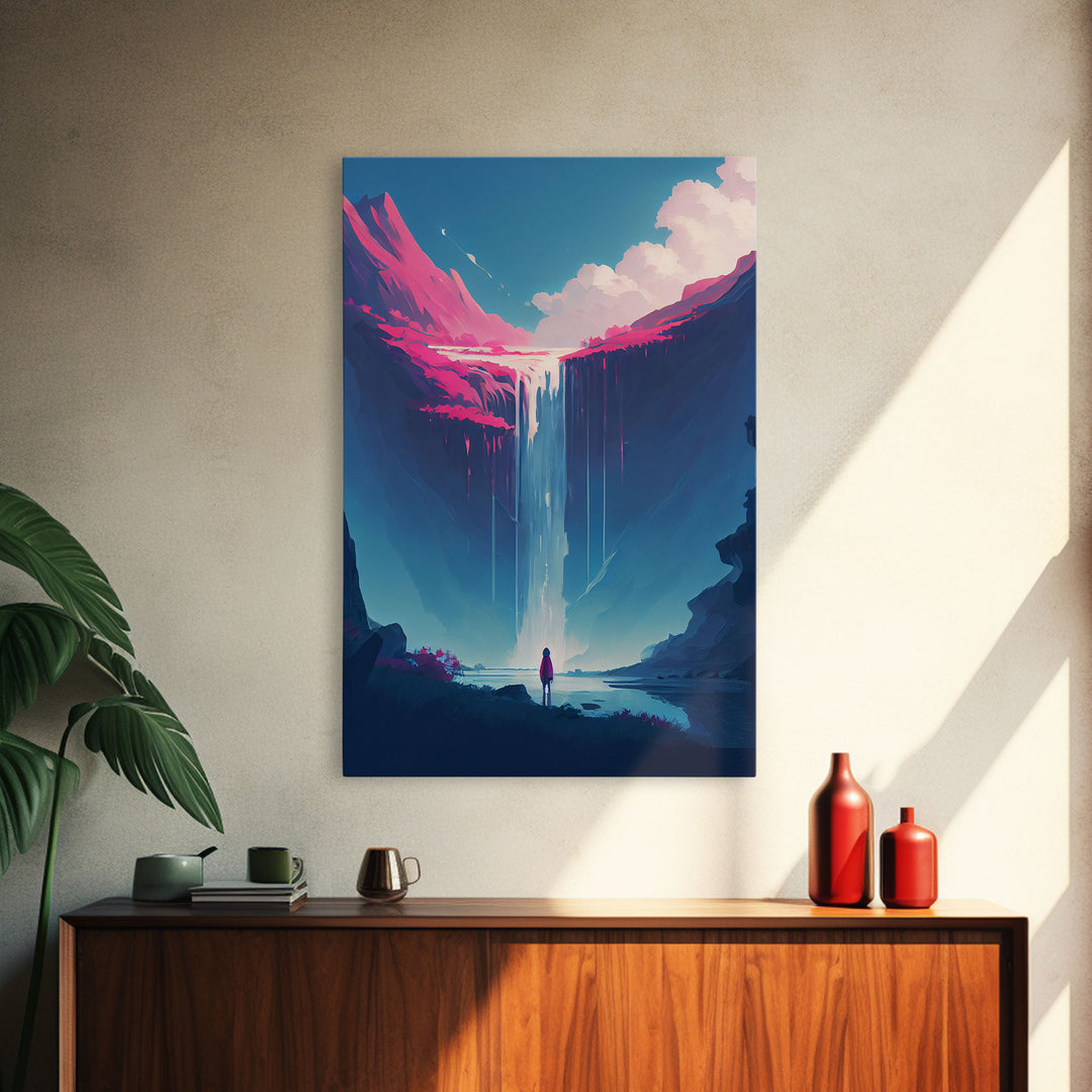 Mystical Fantasy Waterfall Purple Blue Wall Art Canvas Print - Vibrant Colorful Nature Scene Artwork