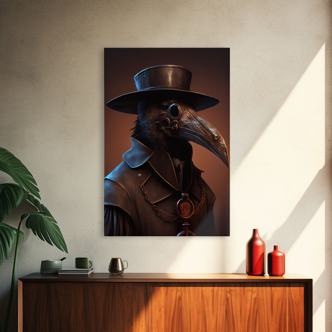 Crow wearing a plague doctor mask, poster art, cool spooky fine art poster print