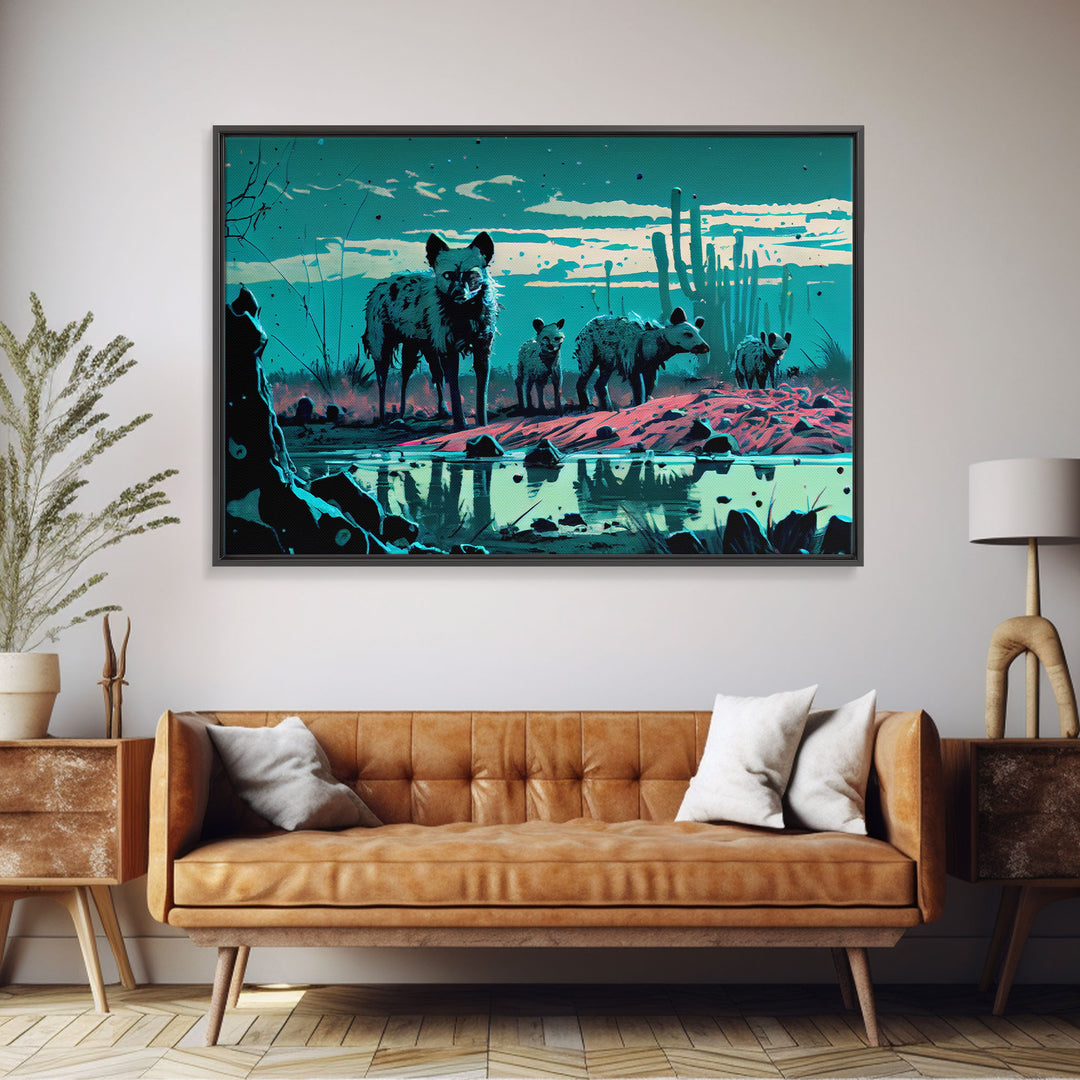 Hyenas at midnight, turquoise vaporwave art, framed canvas print