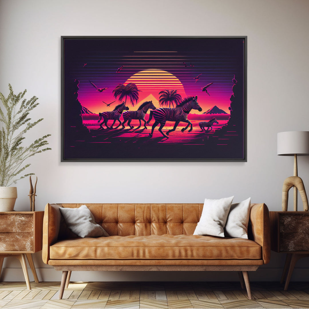 Zebra running through the plains, synthwave art, framed canvas print, framed wall art