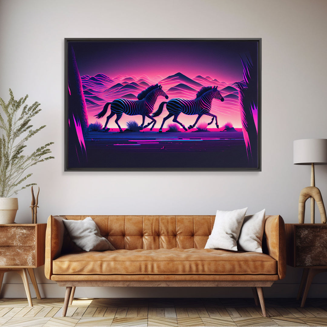 Zebras running through the plains, synthwave art, framed canvas print, framed wall art