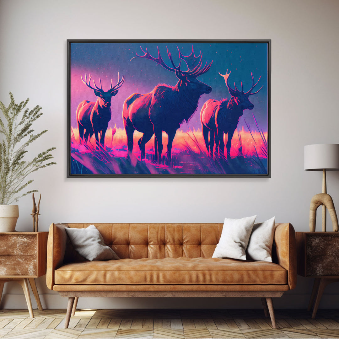 Vaporwave landscape, Elk in the plains at sunset, framed canvas art, canvas print, framed wall art