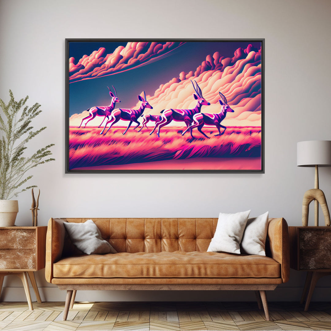 Herd of African Gazelles, vaporwave art, synthwave aesthetic nature print, framed canvas print