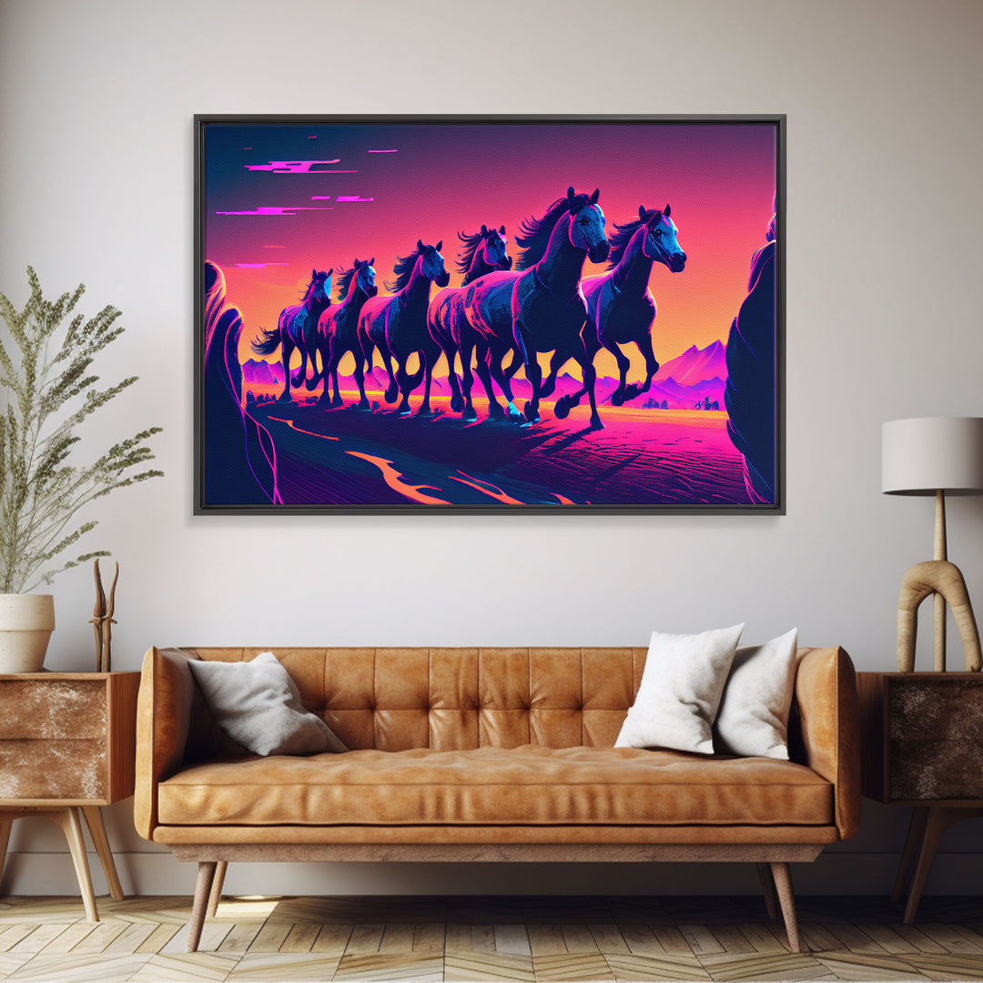 Herd of Wild Horses, American Western decor, framed canvas print, synthwave animal art