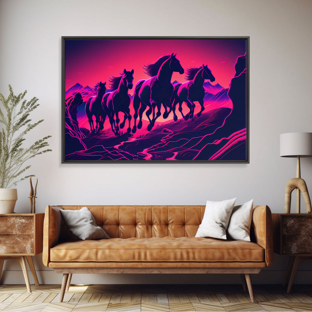 Pack of Wild Horses, American Western decor, framed canvas print, synthwave animal art