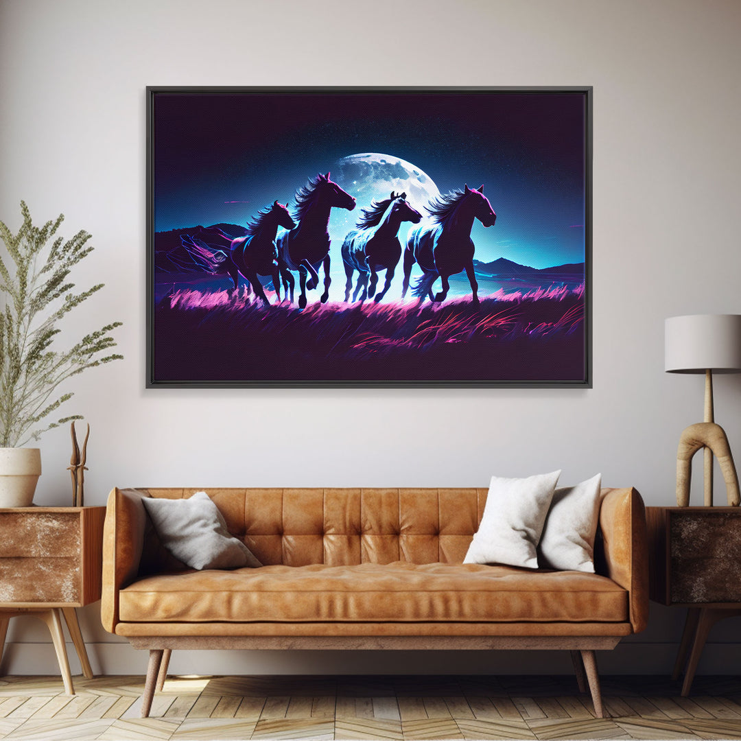 Wild horses running in the moonlight, vaporwave art, framed canvas print