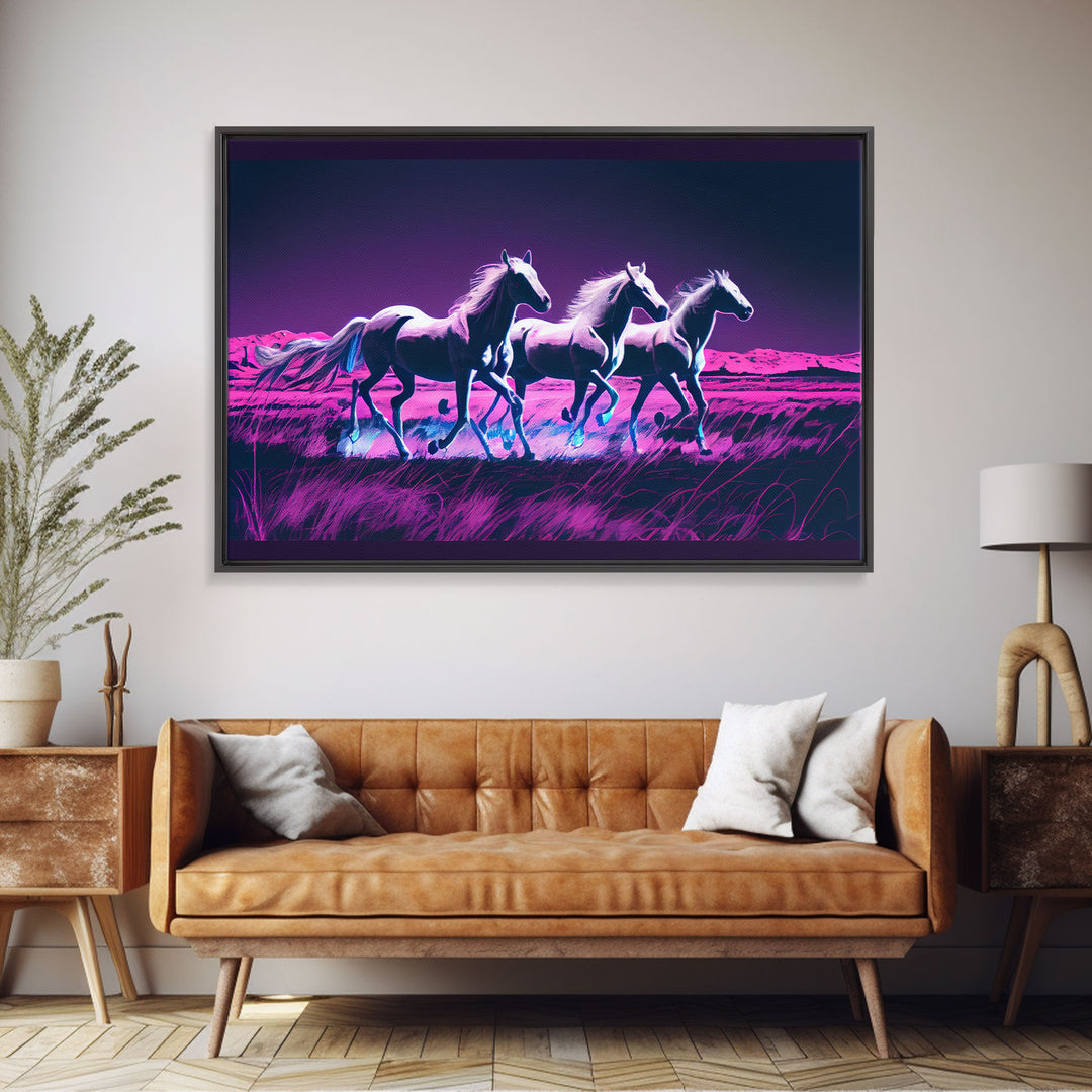 Pastel Wild horses running in the moonlight, vaporwave aesthetic art, framed canvas print