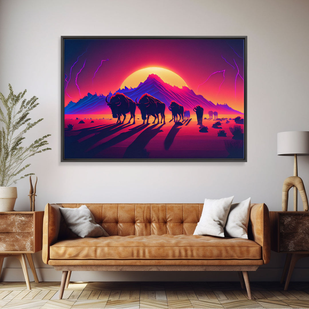 Synthwave American Buffalo, Retrowave art, herd of Bison and a setting sun, framed canvas print