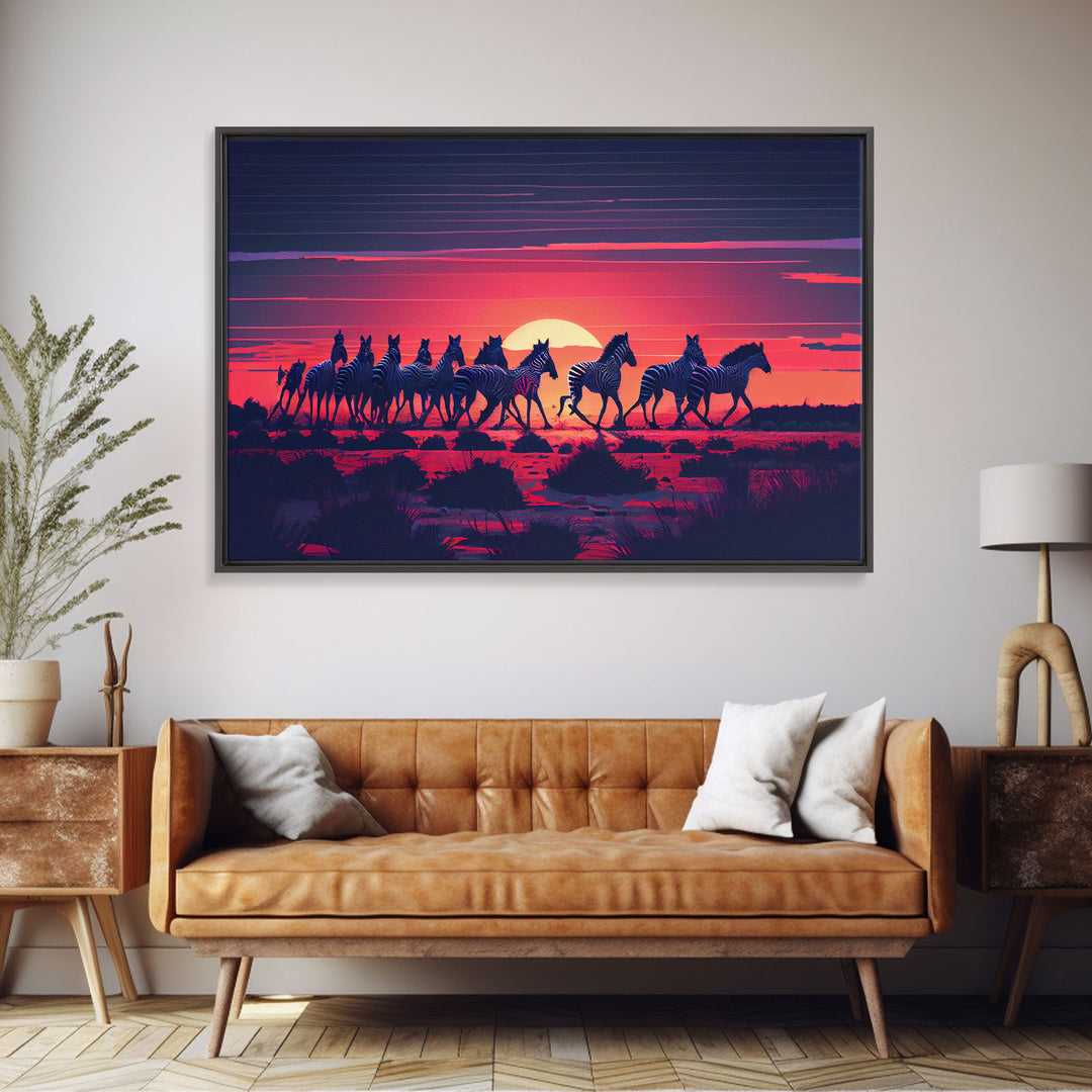 Herd of wild zebra against a beautiful African sunset, framed canvas print