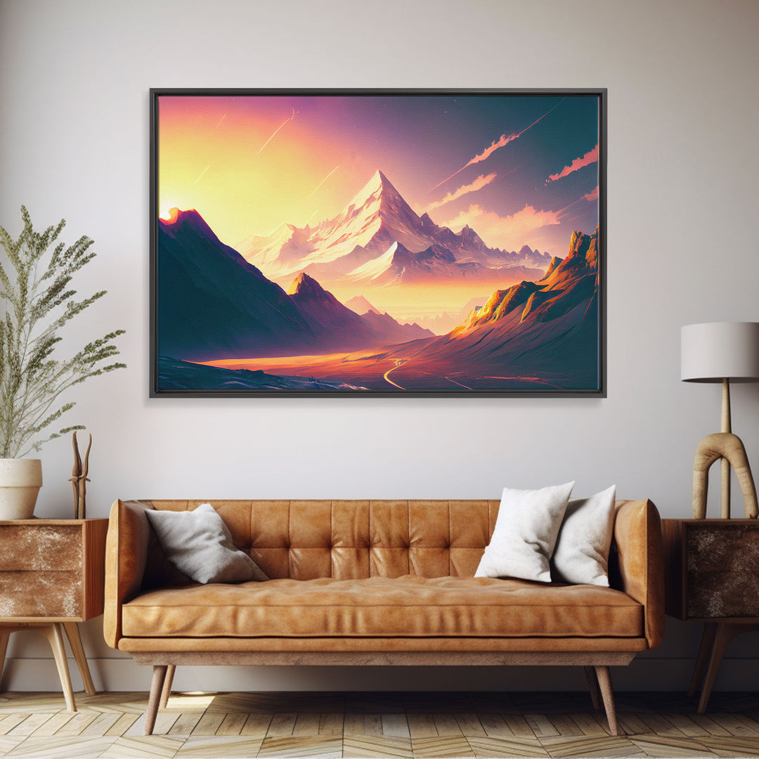 Watercolor mountain at sunset, pastel, subdued colors, framed canvas print