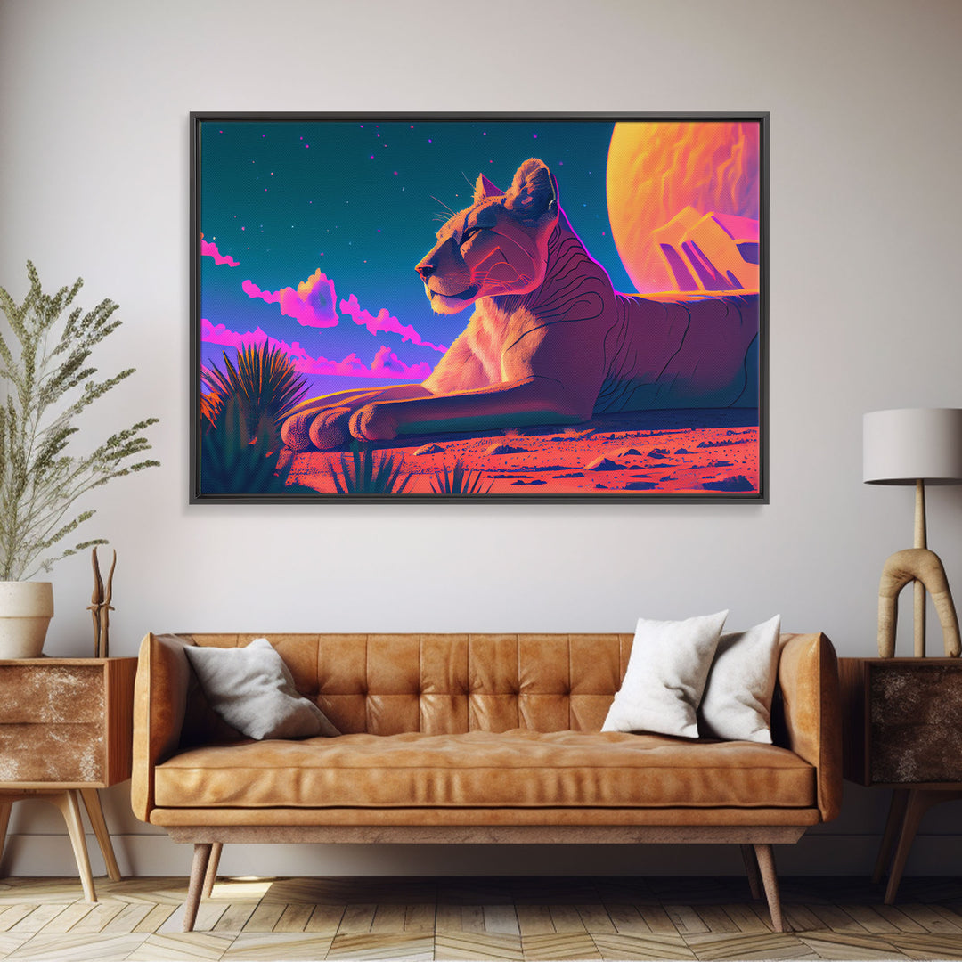 Lioness synthwave art, framed canvas print, beautiful pastel lion art