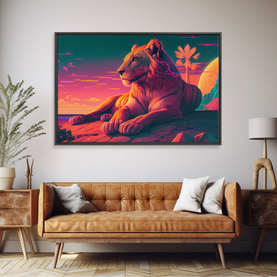 Lion contemplating life on a cliff, vibrant and colorful synthwave retro style art, framed canvas print