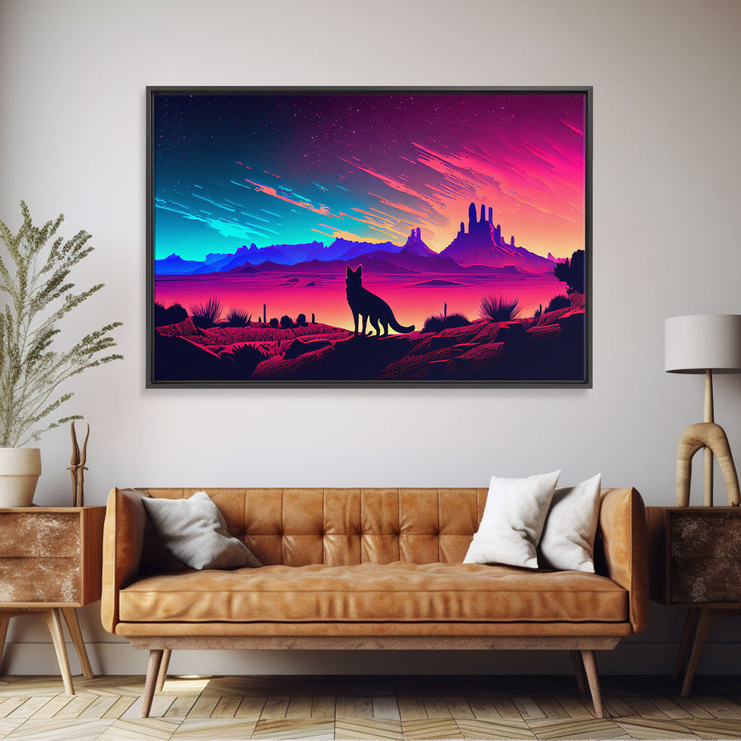 Cute fox in an Arizona desert landscape, framed canvas print, framed wall art, synthwave art