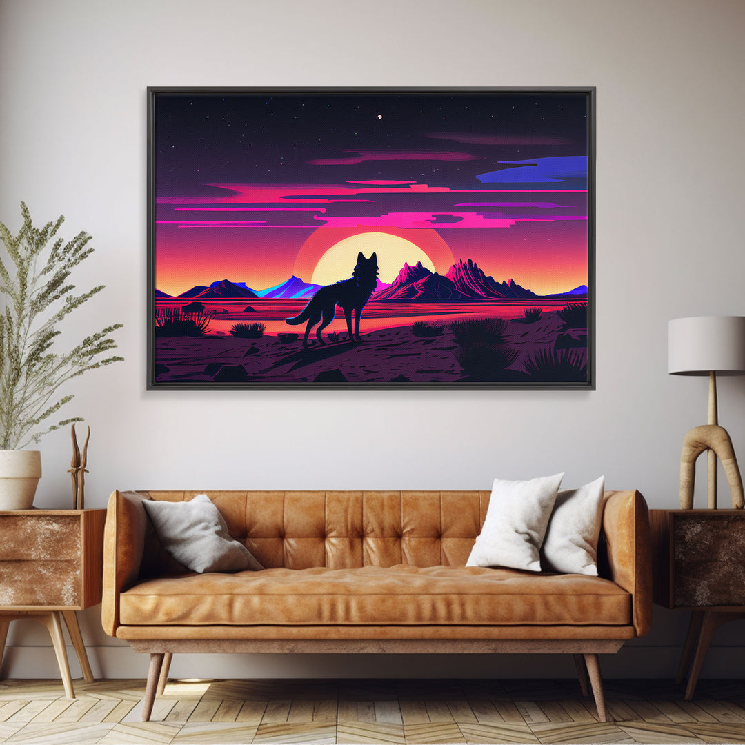 Cute fox in a Utah desert landscape, framed canvas print, framed wall art, synthwave art