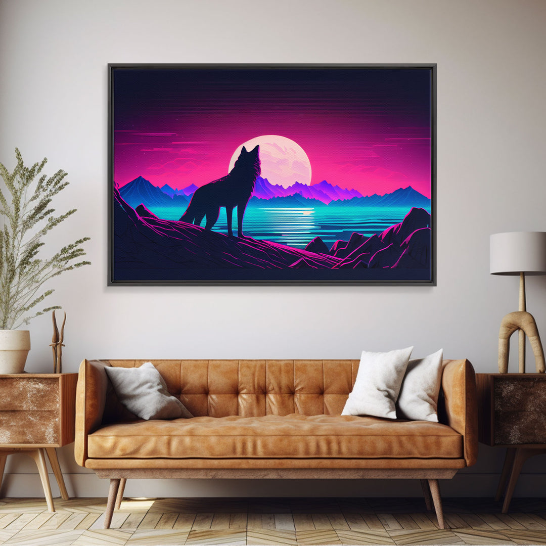 Wolf art, turquoise landscape, framed canvas print, vaporwave aesthetic desert art