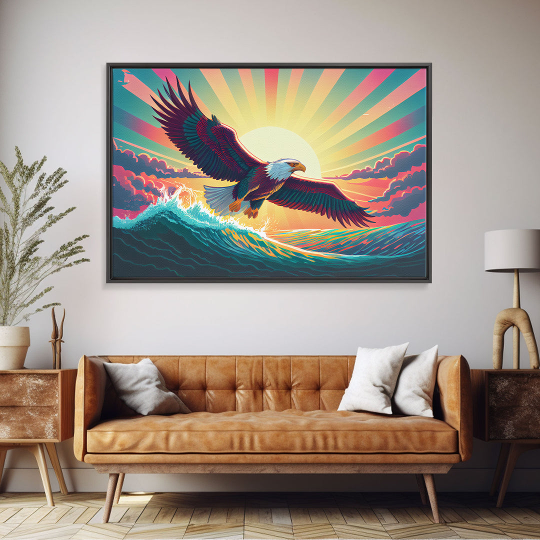 Retrowave bald eagle, pastel sunset, framed canvas print