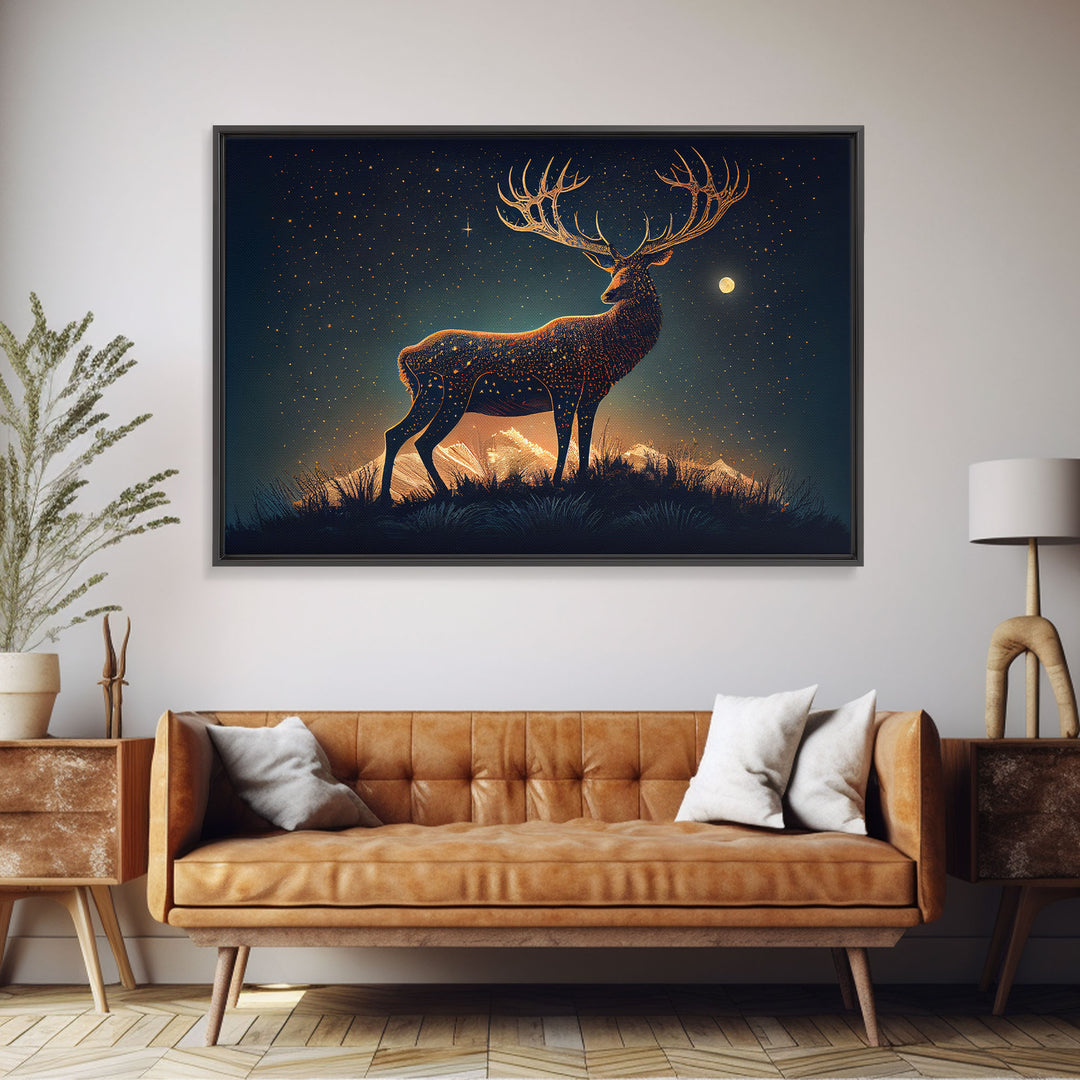 Deer made of stars, reflection stag, framed canvas print, unique wall art