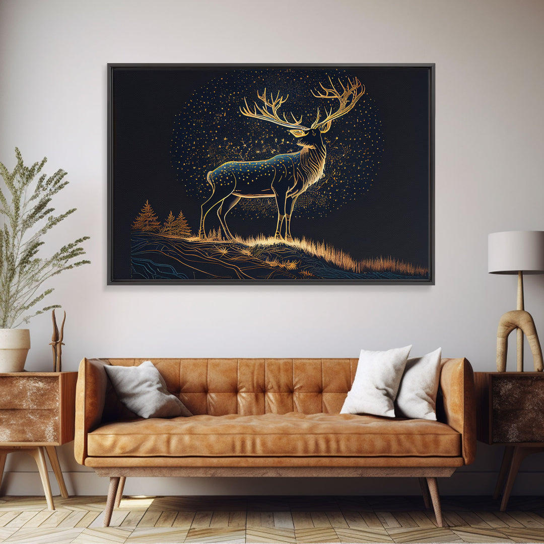 Deer made of stars, reflection stag, framed canvas print, unique wall art, starry night stag