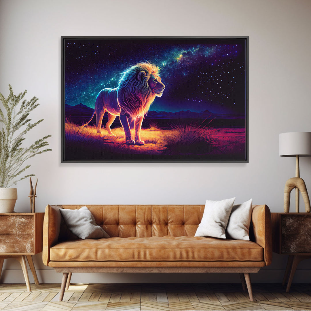 The Lion and the Universe, unique vibrant synthwave wall art, framed canvas print