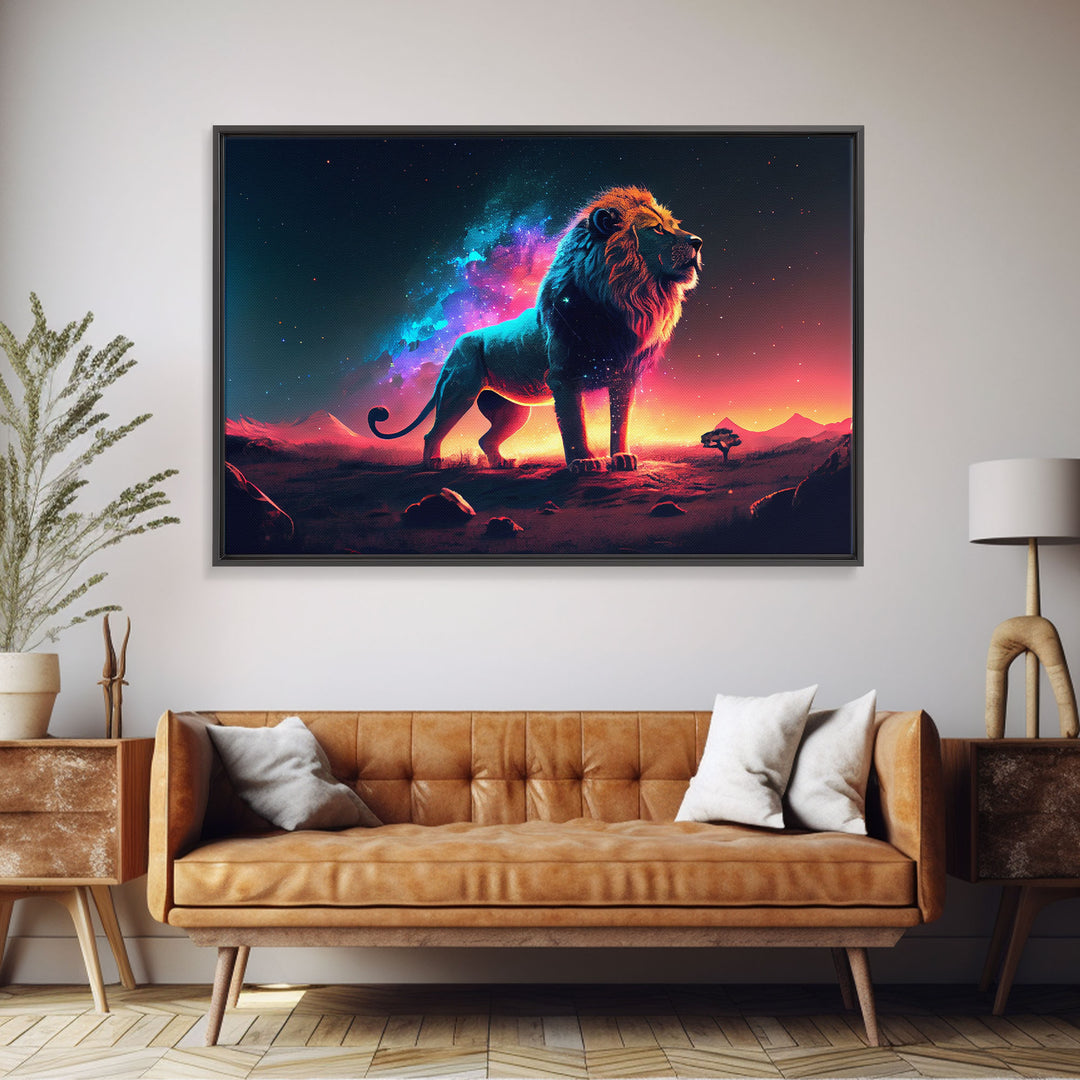 Cosmic roar watercolor, Lion staring at the stars over Africa, framed canvas print, unique vibrant wall art