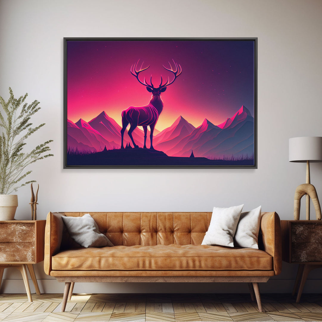 Beautiful stag and sunset, synthwave landscape art, framed canvas print, nature print, pastel and pink art