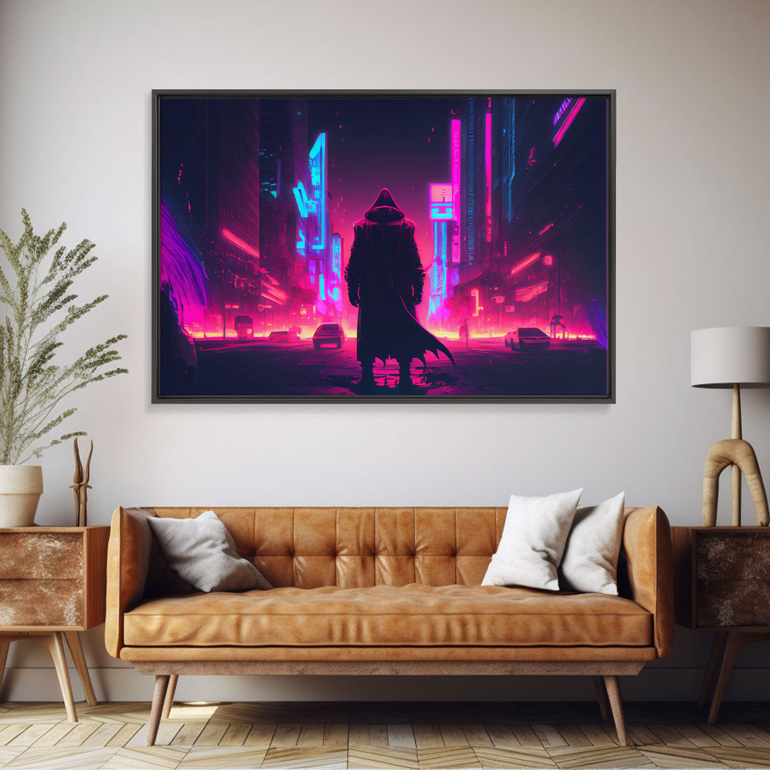 Cyberpunk City, Neon synthwave dystopian art, framed canvas print