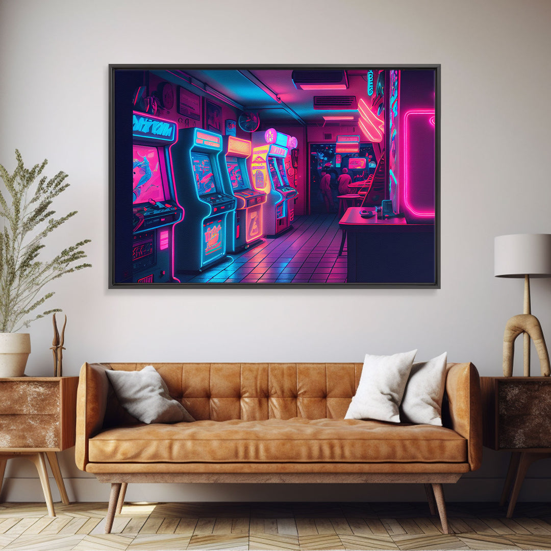 Neon Arcade, unique game room art, Retrowave arcade machine art, framed canvas print, framed wall art | Wall Art