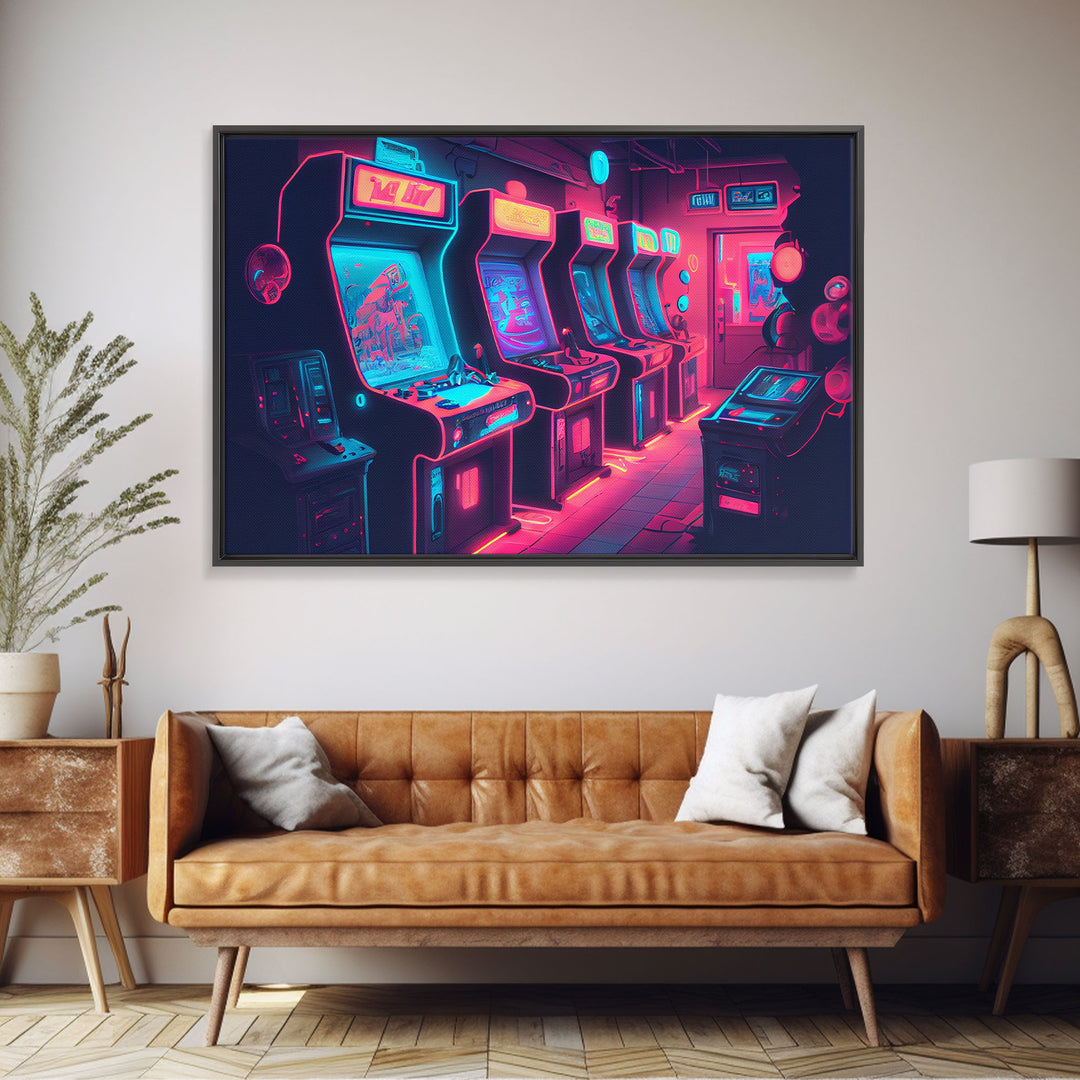 Synthwave Game Room Art, Neon retro 90s arcade room wall art, framed canvas print