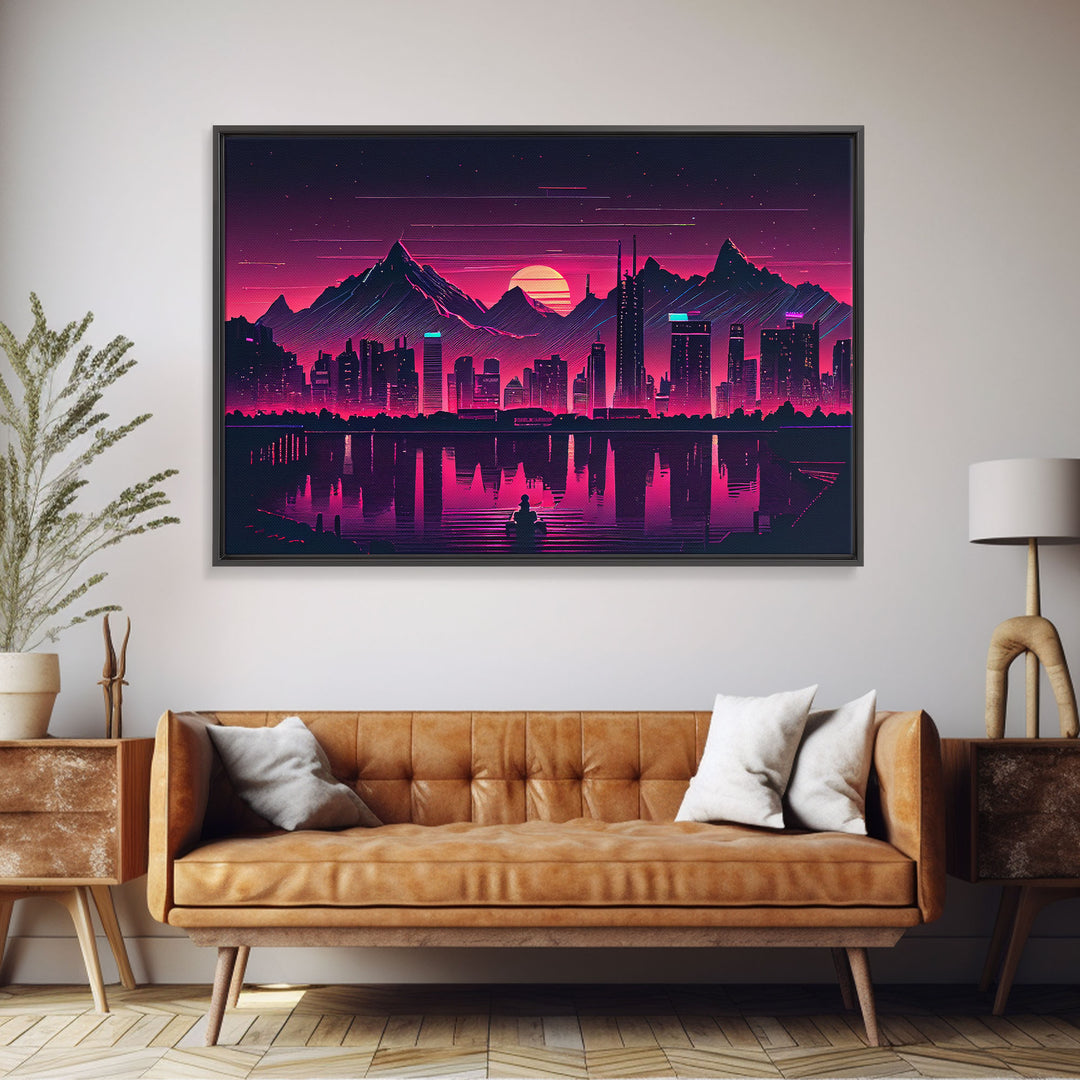 Cyberpunk Vancouver, Futuristic city skyline art, framed canvas print