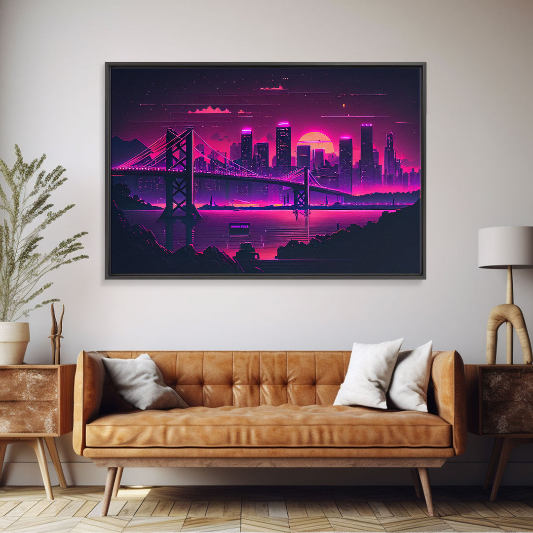 Cyberpunk San Francisco, Futuristic city skyline art, framed canvas print,  Synthwave / vaporwave cityscape decor