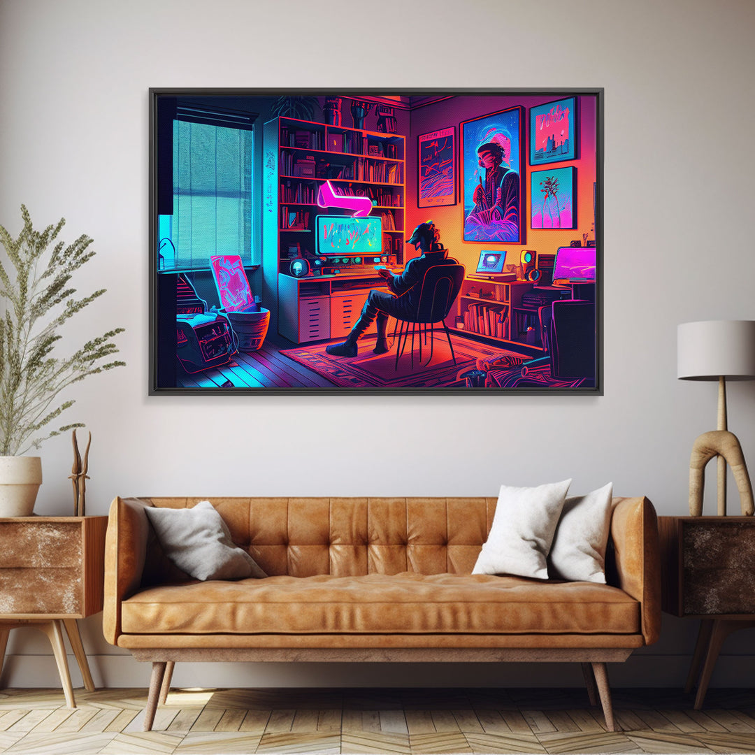 Jacked In - VR headset art, synthwave framed canvas print, cool office art