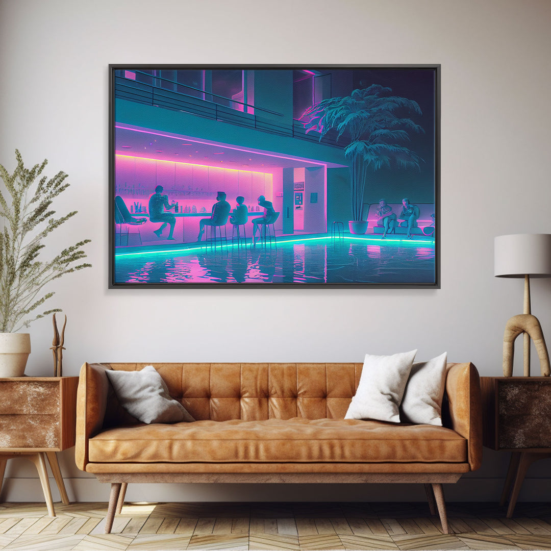 The Lounge - Vaporwave bar decor, framed canvas print, pastel synthwave art, colorful wall decor