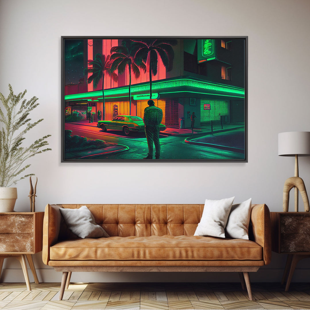 Miami Vice Retro Neon Lights Street Classic Car Wall Art Print, Wall Poster, Fine Art Print, Wall Decor