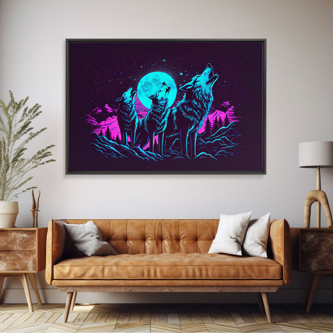 Howl at the moon - turquoise wolf pack howling at the moon, framed canvas print, vaporwave art