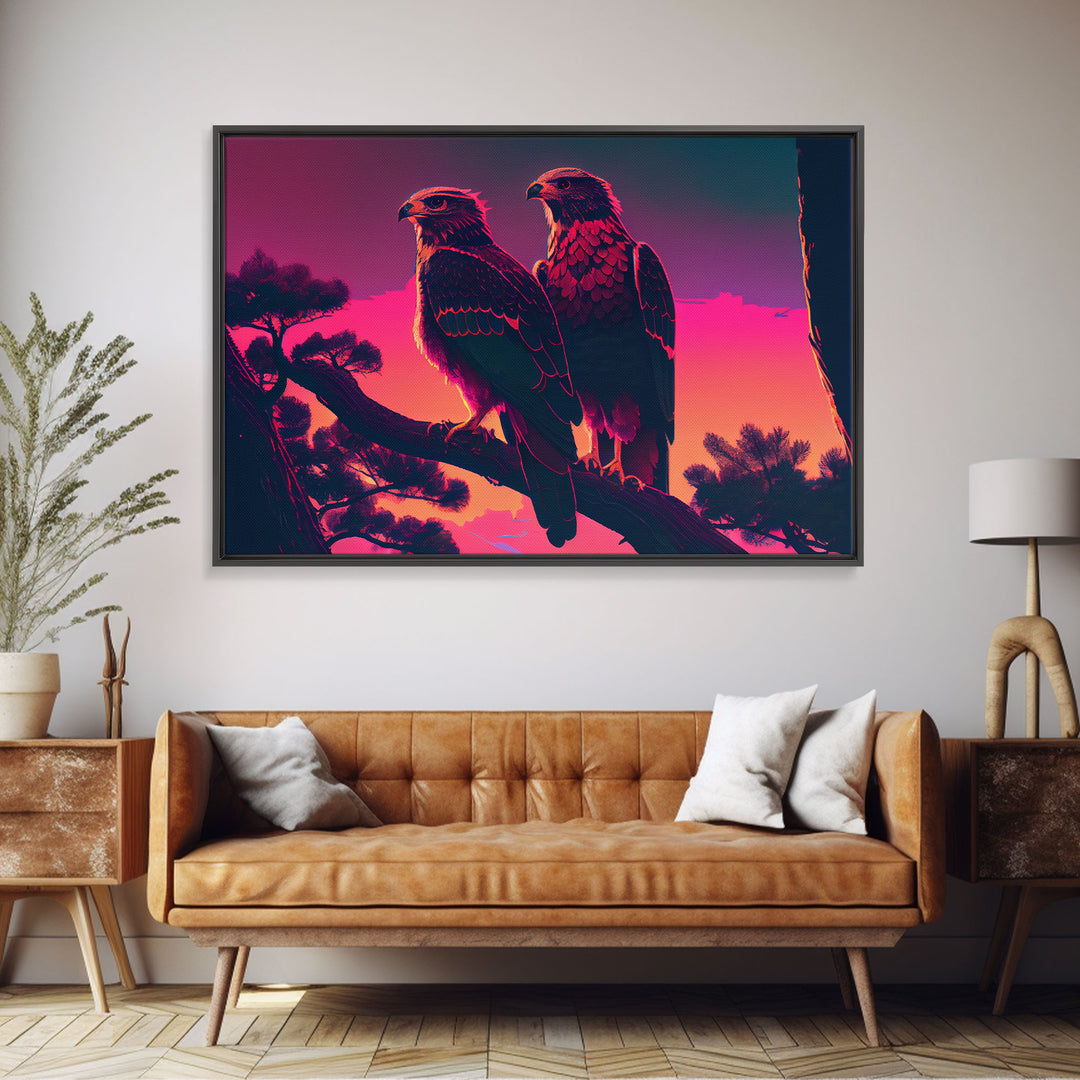 Hawks on a branch, birds of prey, framed canvas print