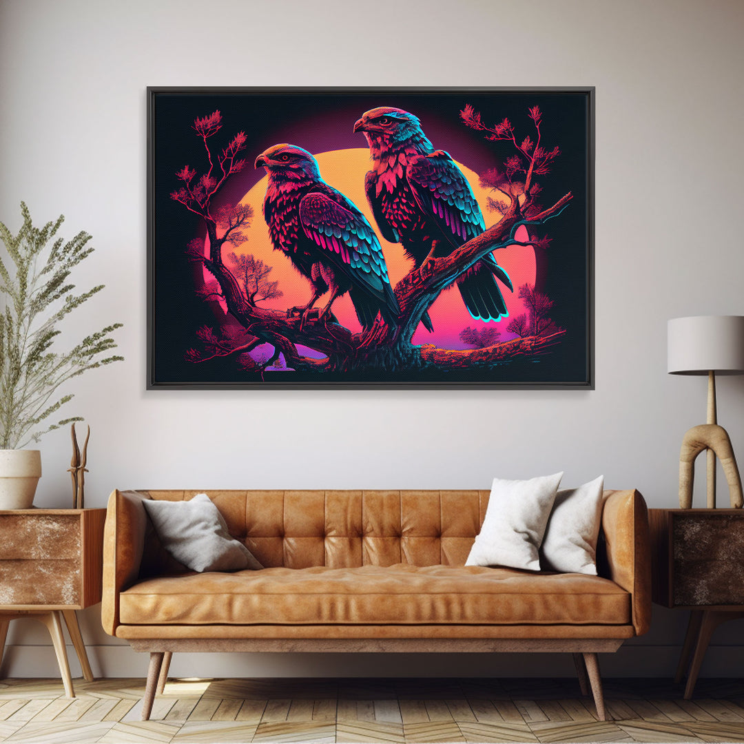 Birds of Prey at sunset, Hawks on a branch, framed canvas print