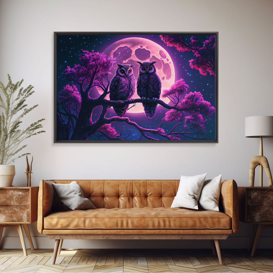 Owls at midnight, full moon and starry night sky, framed canvas print