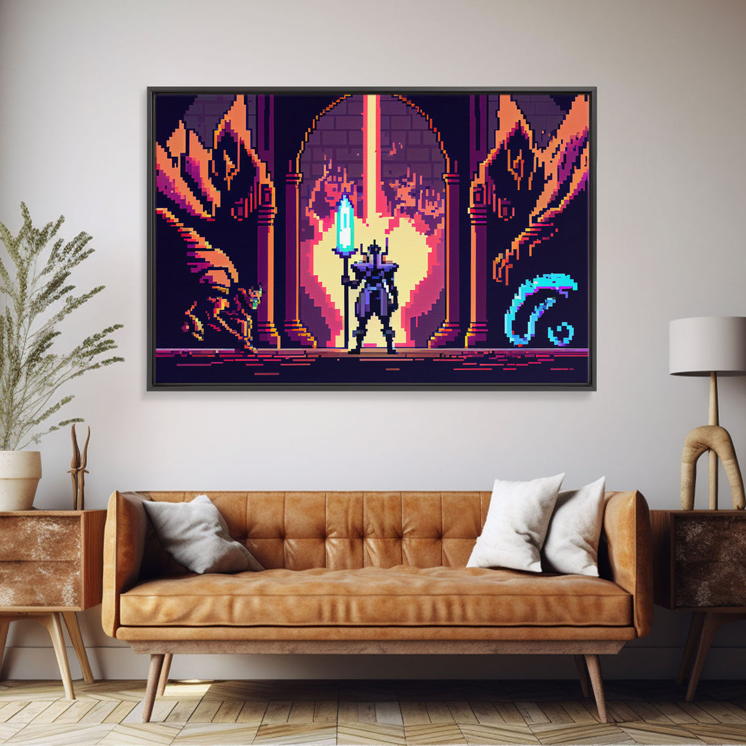 RPG pixel art, fantasy pixel art, Paladin Templar Art, synthwave style, framed canvas print, man cave art