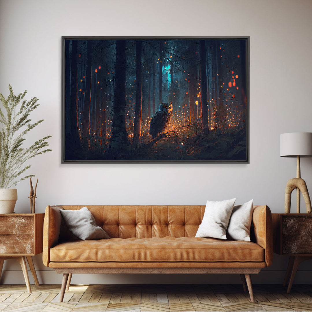 Fantasy forest art, Fireflies and the owl at midnight, framed canvas art, framed canvas print