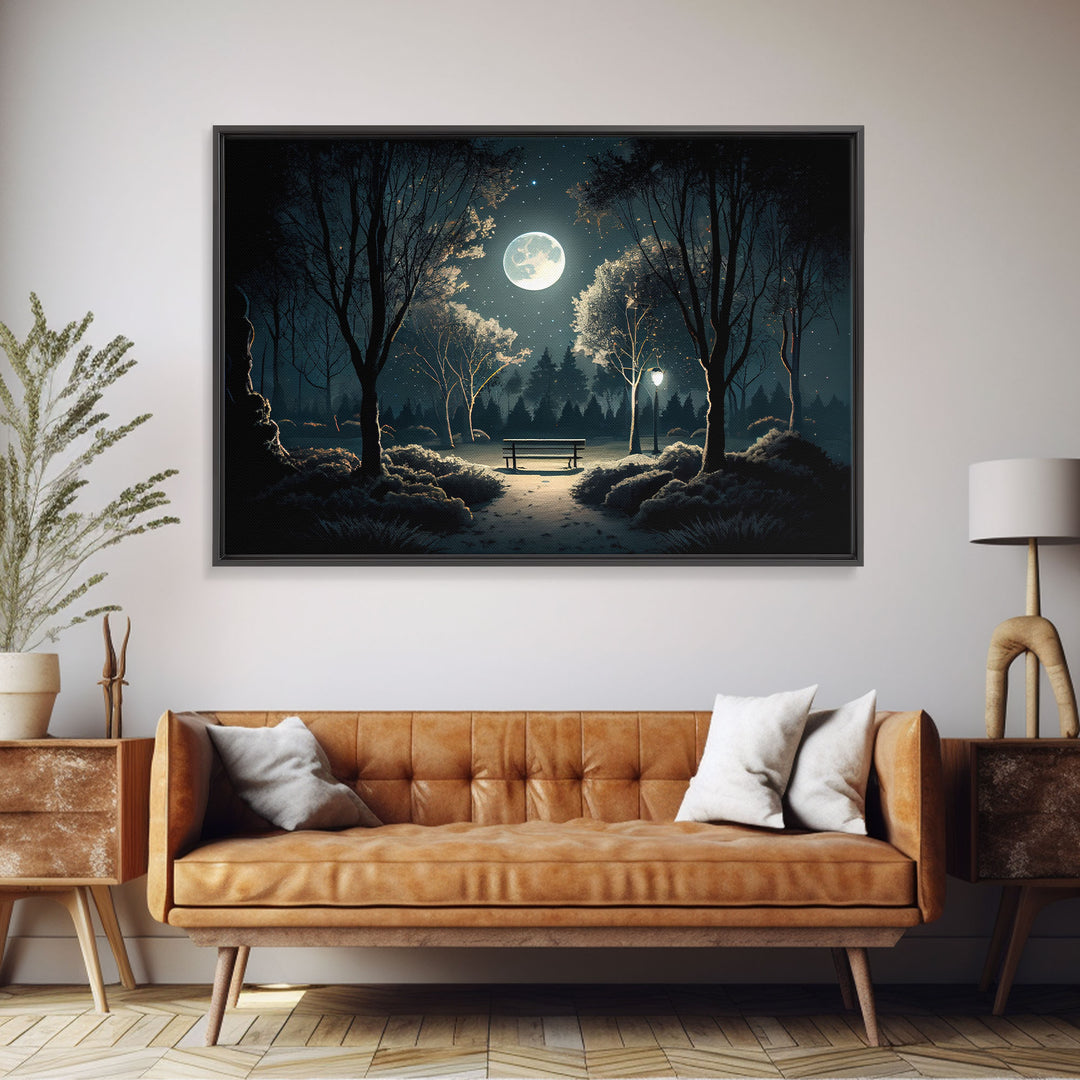 Snow covered park at midnight with a full moon, watercolor nature art, framed canvas print, framed wall art