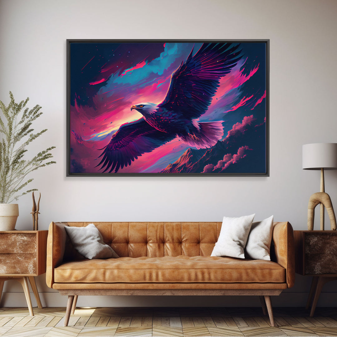 Bald eagle in flight, vaporwave aesthetic art, eagle against a pastel sunset sky, framed canvas art, framed print