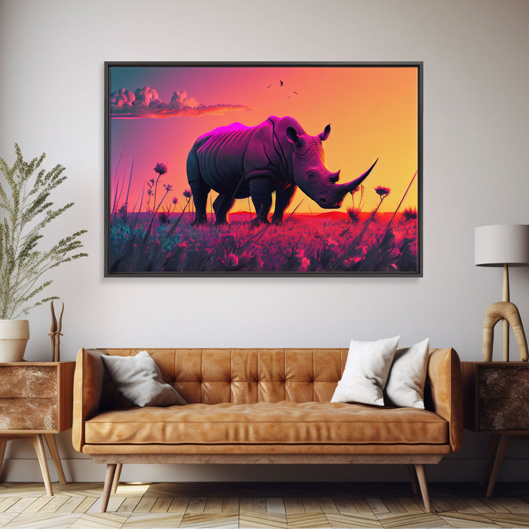 Rhino art, Pastel Rhinoceros at sunset, synthwave aniimal art, framed canvas art